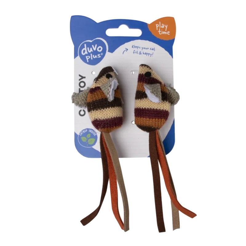 Katzen-Spielzeug im Doppelpack – Strickmaus mit Leder-Schwanz & Katzenminze