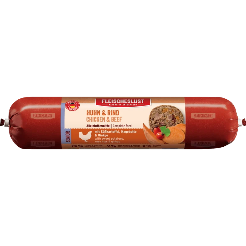 Fleischeslust Dog - Huhn & Rind mit Süßkartoffel, Hagebutte & Ginko für Senioren