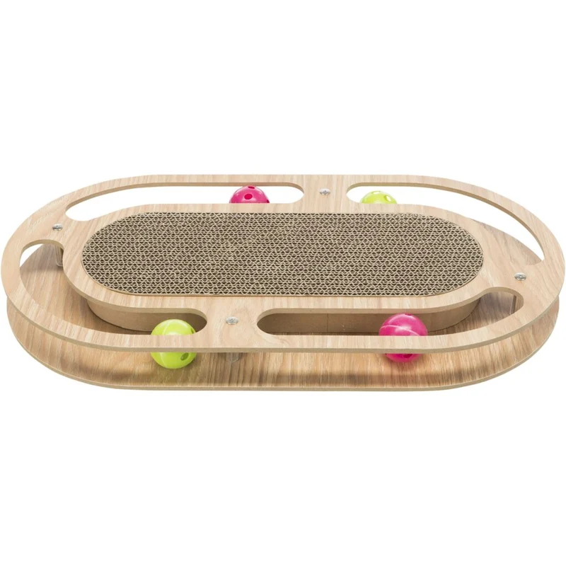 Kratzpappe mit Spielzeug, Katzenminze, Holz