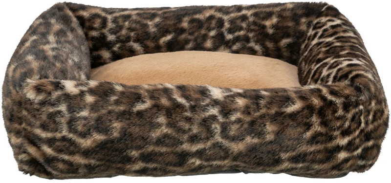 Eckiges Katzen- und Hundebett Leo mit Rand aus Plüsch im Leoparden-Look