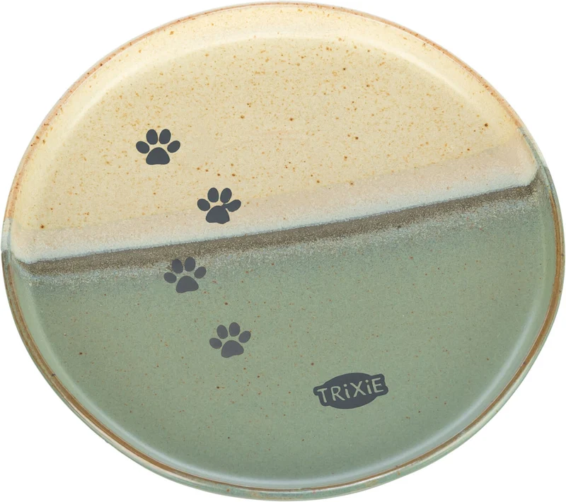 Zweifarbiger Keramiknapf für Katzen und Hunde, beige/grün mit braunen Sprenkeln, tief oder flach