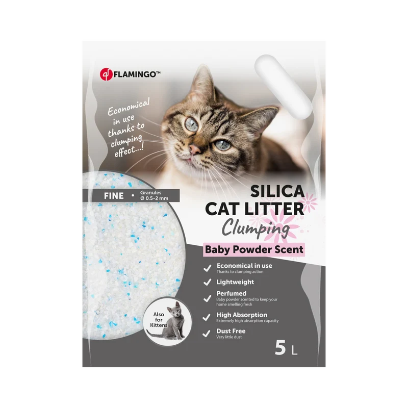 Feinkörnige Silikat-Katzenstreu mit Babypuder – staubfrei, klumpend, geruchsneutral