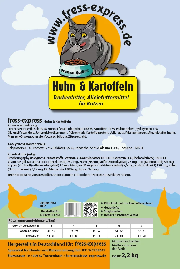 Huhn mit frischem Fleisch + Kartoffeln Katzen Trockenfutter