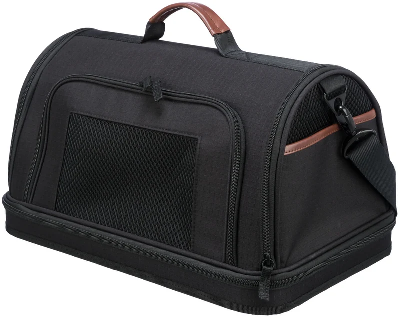 Schwarze Flugzeugtasche Gate für Hunde und Katzen, halbrund mit braunem Kunstleder und Trolley-Schlaufe