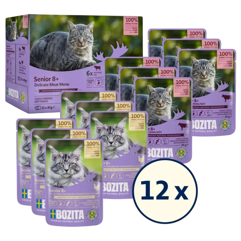 Bozita Senior 8+ Häppchen in Sauce – Getreidefreie Multibox mit Huhn & Rind
