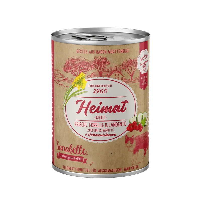 Sanabelle Heimat Dose Adult frische Forelle & Landente + Zuccini, Karotte & Johannisbeere