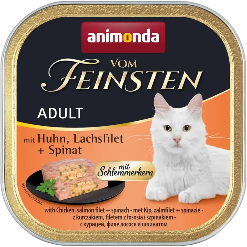 Vom Feinsten Adult mit Schlemmerkern – Huhn, Lachsfilet + Spinat Doppelter Genuss. Hohe Akzeptanz.