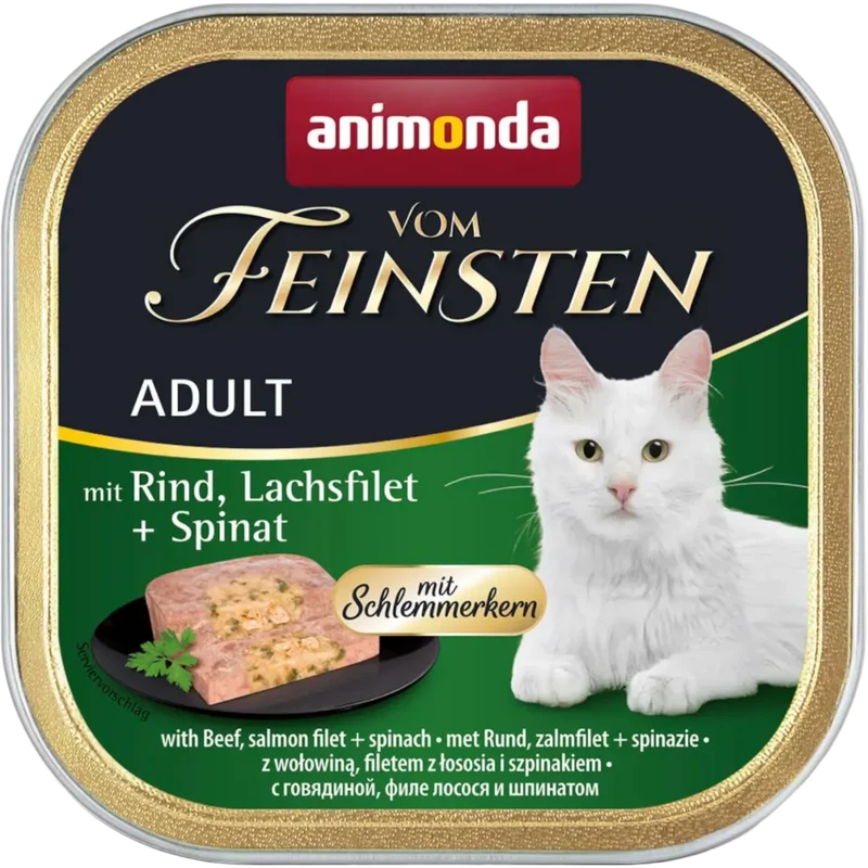 Vom Feinsten Adult mit Schlemmerkern – Rind, Lachsfilet + Spinat Mehrwert im Napf. Doppelter Genuss.