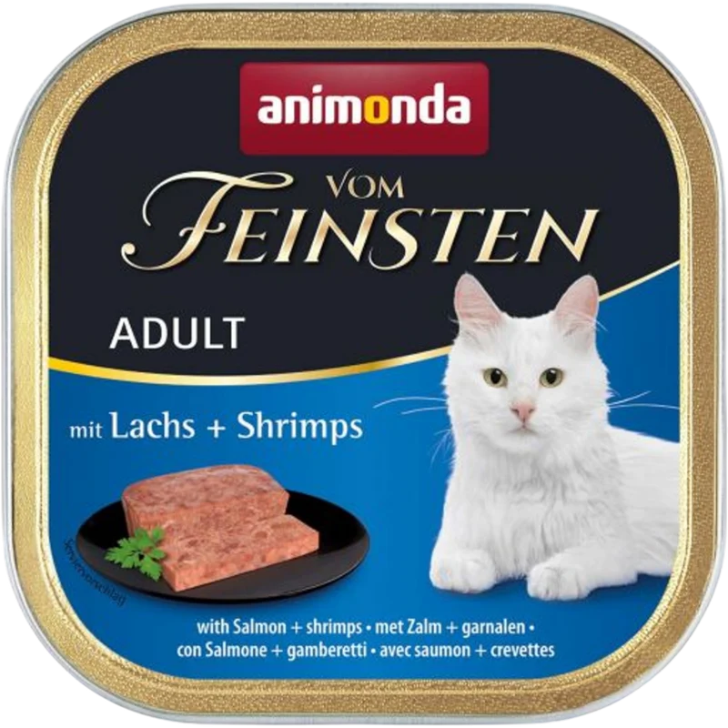 Vom Feinsten Adult Pastete mit Lachs + Shrimps Feine Premium-Pastete für anspruchsvolle Genießerkatzen.