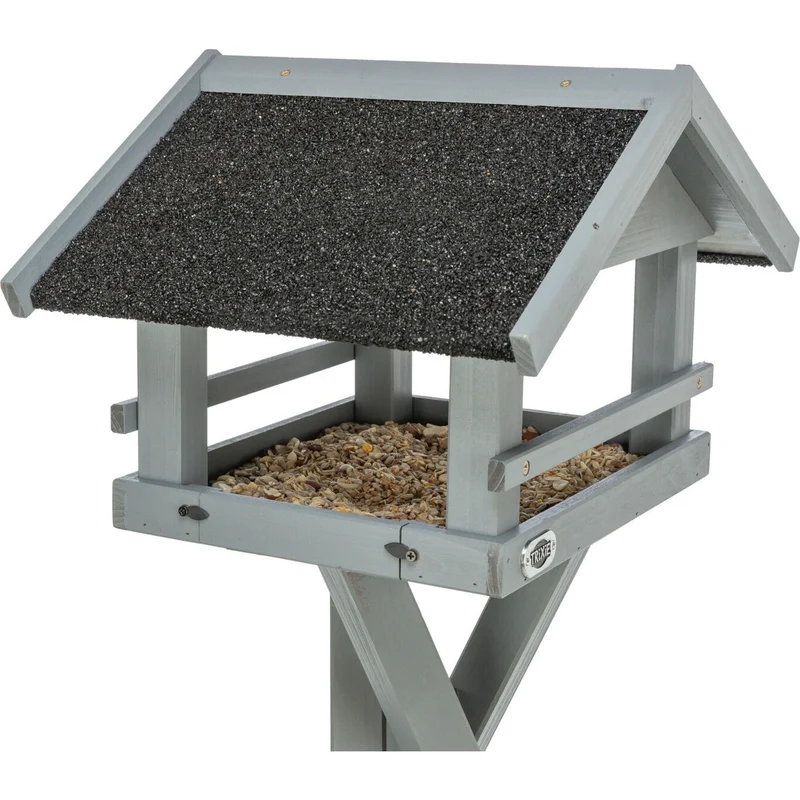 Graues natura Futterhaus mit Dachüberstand und Ständer