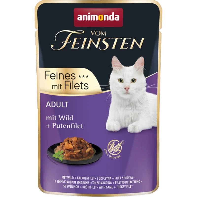 Vom Feinsten Adult Feines mit Filets – Wild & Putenfilet – Edles Nassfutter für anspruchsvolle Katzen
