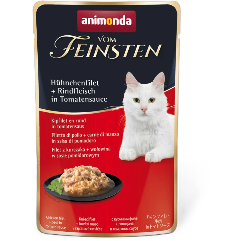Vom Feinsten Adult in Sauce – Hühnchenfilet & Rindfleisch in Tomatensauce Feine Filetstreifen, zartes Rind und fruchtige Tomatensauce – Genussstrategie für anspruchsvolle Katzen.