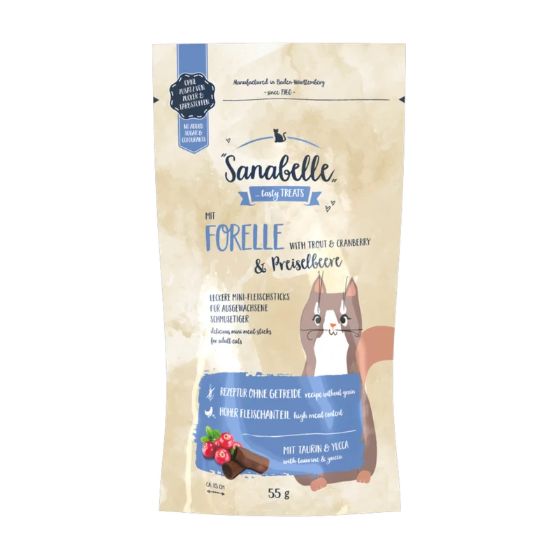 Sanabelle SOFT-STICKS Forelle & Preiselbeere – zarte Genussmomente für anspruchsvolle Katzen