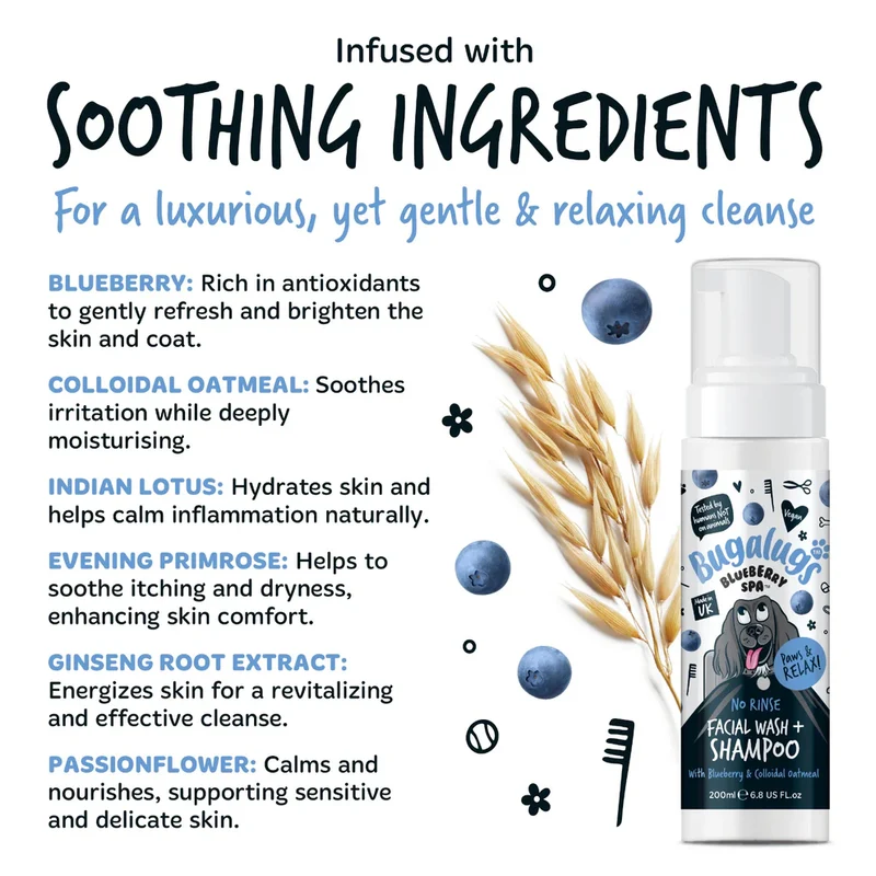 Bugalugs Blueberry SPA No Rinse Facial Wash + Shampoo For Dogs 200ml