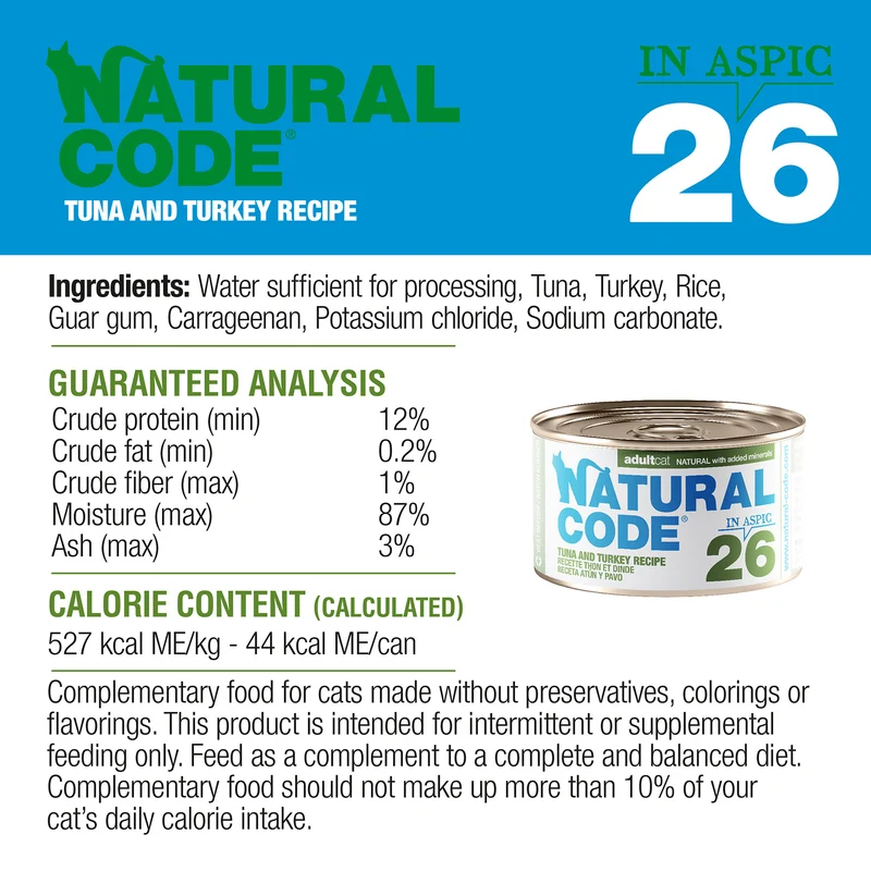 Natural Code 26 Tuna & Turkey In Jelly Wet Cat Food 85G