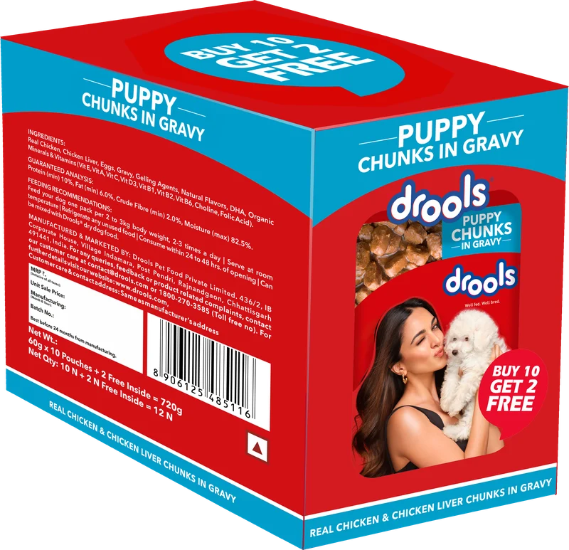 Drools Chicken & Chicken Liver Chunks In Gravy Puppy Wet Food 10+2 Free - 12x60g