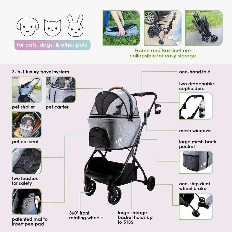 Petique 3-in-1 Tri-Fold Pet Stroller Travel System
