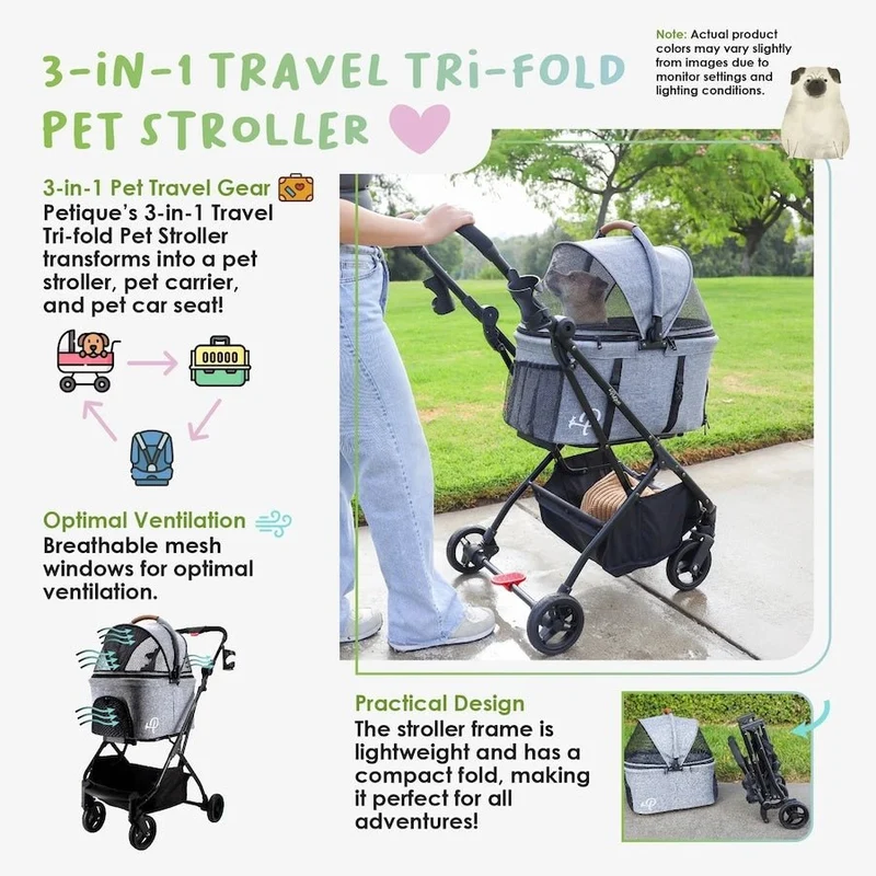 Petique 3-in-1 Tri-Fold Pet Stroller Travel System