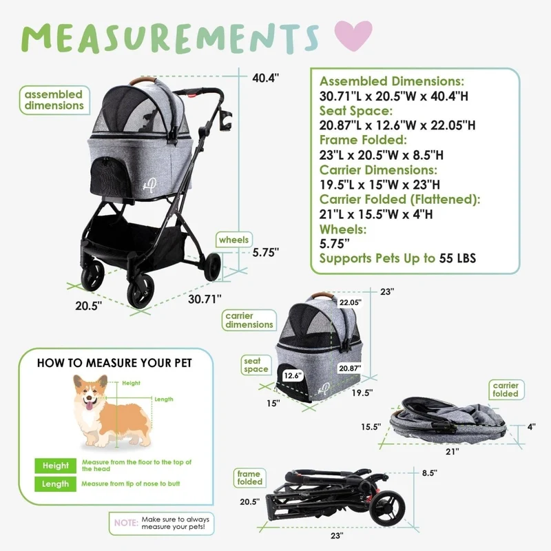 Petique 3-in-1 Tri-Fold Pet Stroller Travel System