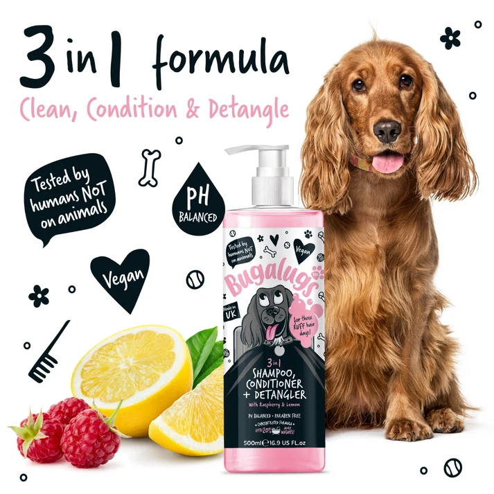 Bugalugs 3-in-1 Shampoo, Conditioner, & Detangler For Dogs - Raspberry & Lemon 500ML