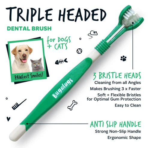 Bugalugs Triple Headed Toothbrush For Dogs & Cats 2PCS