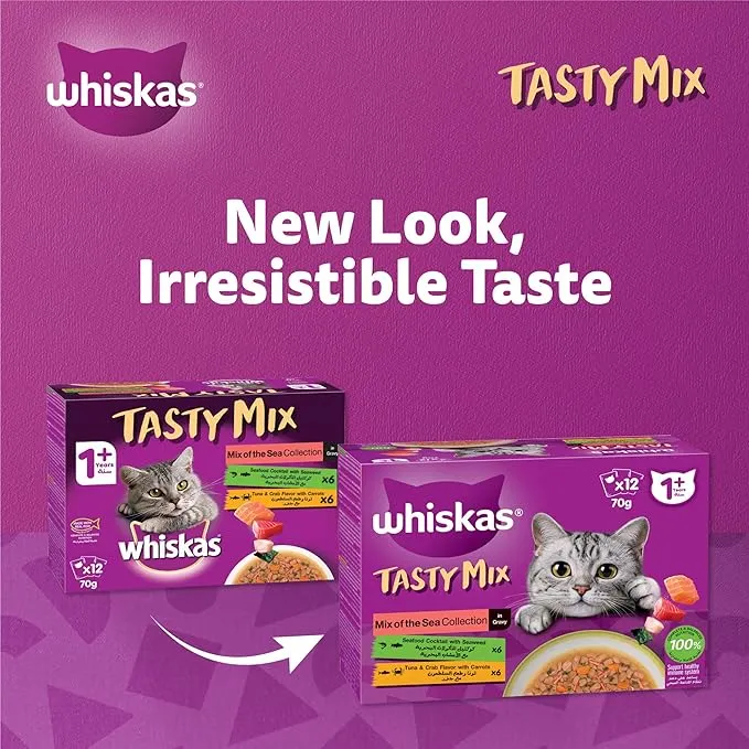 Whiskas 1+ Years Tasty Mix of the Sea Collection Wet Cat Food In Gravy 12X70G