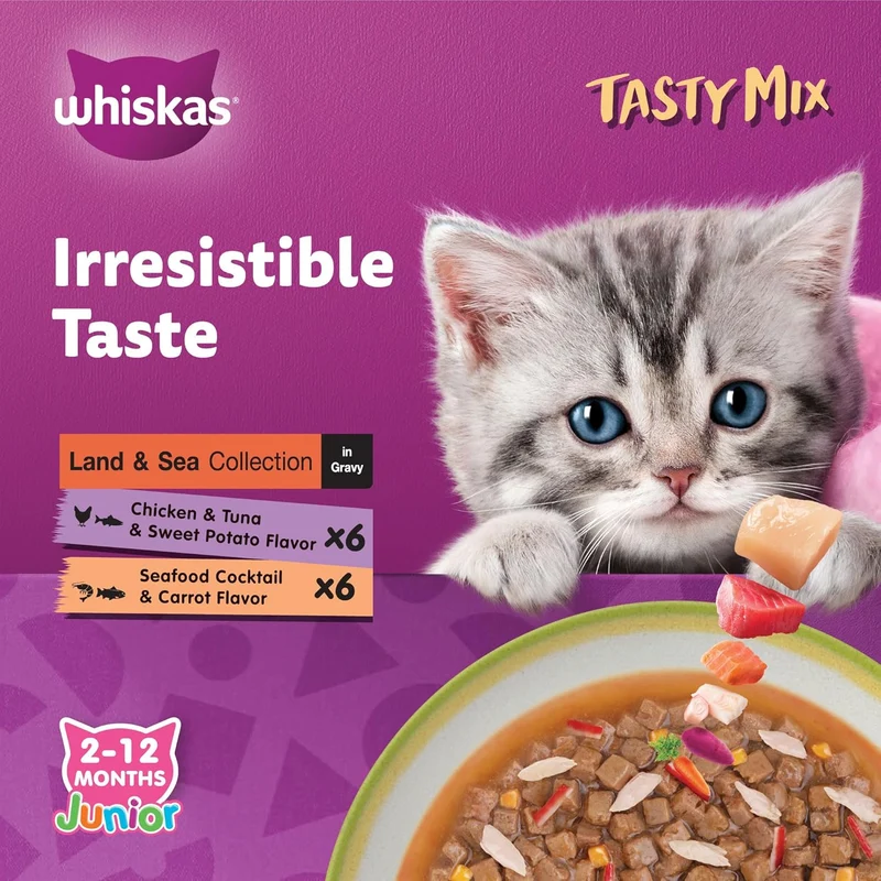 Whiskas Junior Kitten Tasty Mix Land & Sea Collection Wet Cat Food in Gravy 12X70G