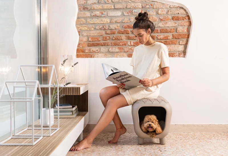 Designerbank und Katzenhütte & Hundehütte mit zweifarbigem Innenkissen - Taupe