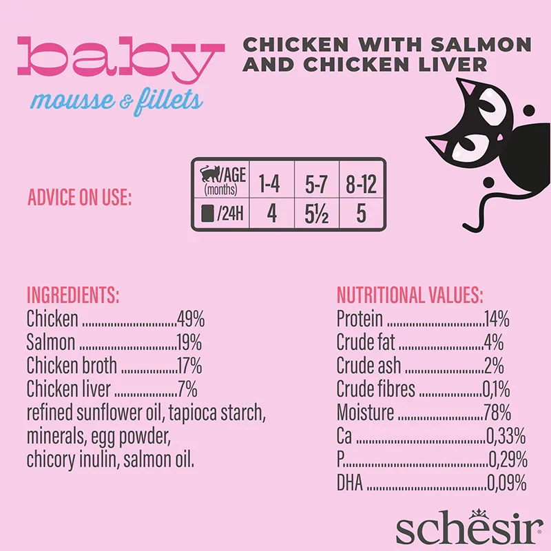 Schesir Baby Mousse & Fillets Chicken With Salmon & Chicken Liver Multipack Kitten Wet Cat Food In Can 165G 3X55G