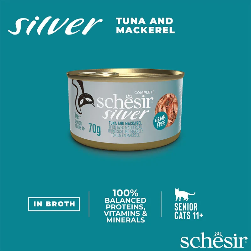 Schesir Silver Wholefood Tuna & Mackerel Senior Wet Cat Food In Broth 70G