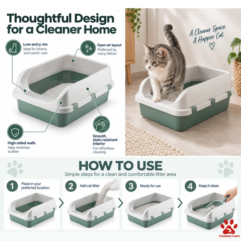 Thunder Paws Open Cat Litter Box Green 41.5x57.2x24.3cm