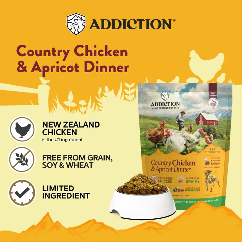 Addiction Country Chicken & Apricot Dinner Air-Dried Dog Food 910G