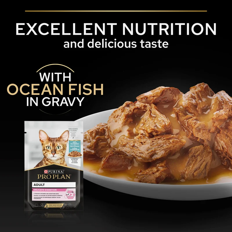PURINA Pro Plan Adult With Delicate Digestion Wet Cat Food With Turkey & Ocean Fish In Gravy 10X85G