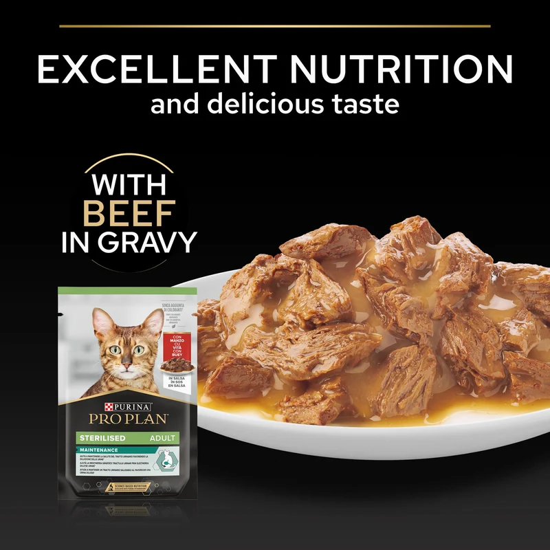 PURINA Pro Plan Sterilised Adult Maintenance Wet Cat Food With Chicken & Beef In Gravy 10X85G