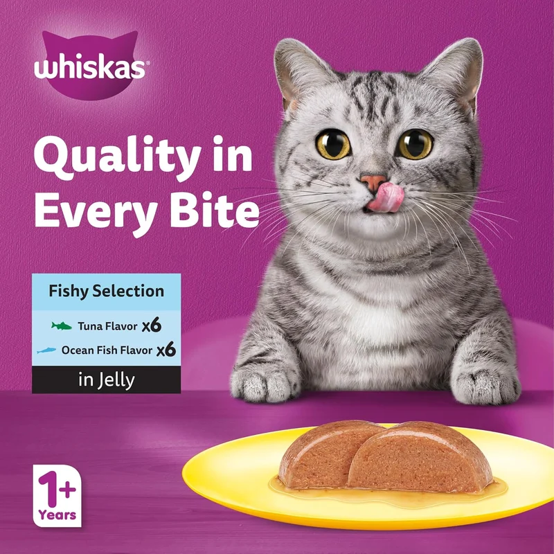 Whiskas 1+ Years Fishy Selection Adult Wet Cat Food in Jelly 10+2 Multipack 12X80G