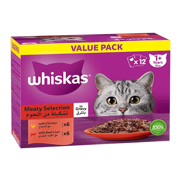 Whiskas 1+ Years Meaty Selection in Gravy Adult Wet Cat Food 10+2 Multipack 12X80G