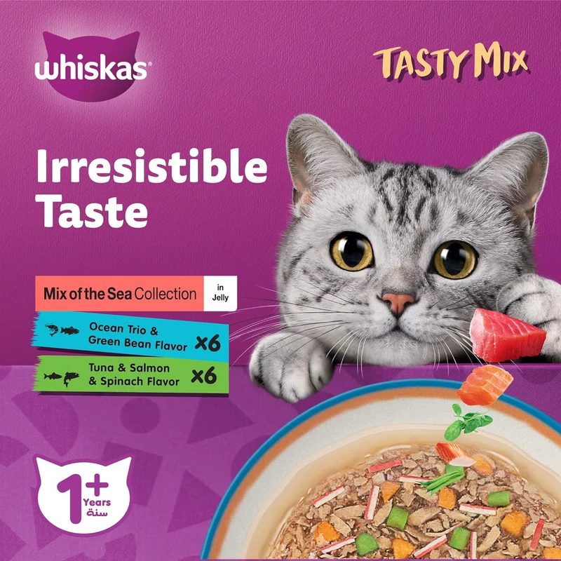 Whiskas 1+ Years Tasty Mix of the Sea Collection Adult Wet Cat Food in Jelly 12X70G