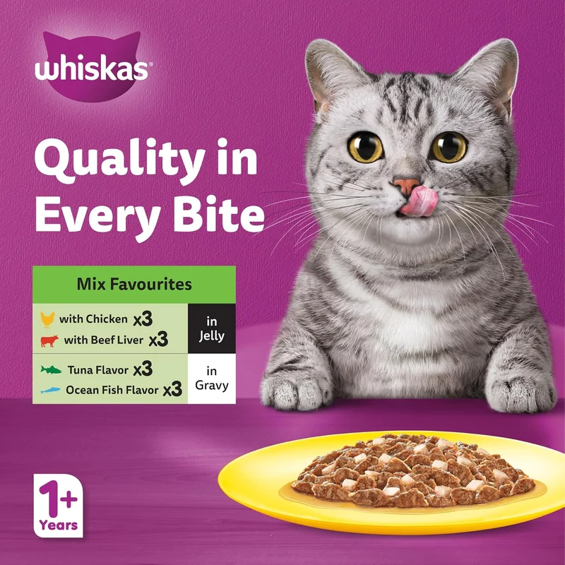 Whiskas 1+ Years Mixed Favourites Adult Wet Cat Food In Jelly 10+2 Multipack 12X80G