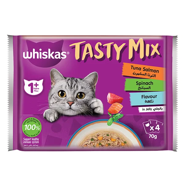 Whiskas 1+ Years Tasty Mix Tuna Salmon & Spinach Adult Wet Cat Food in Jelly 4X70G